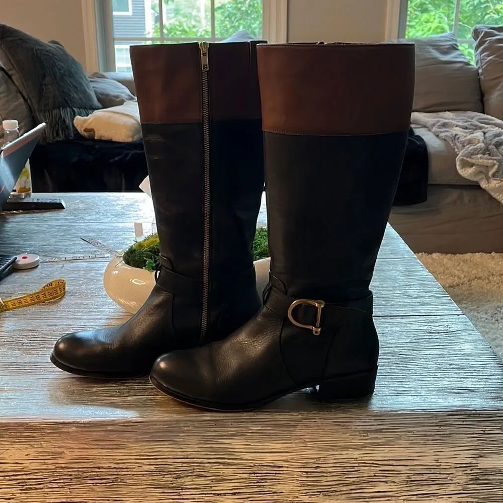 Lands End Black & Brown Leather Harness Buckle Riding Boots sz 9.5 EUC